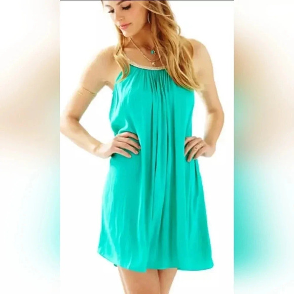 Lilly Pulitzer Sienna Lagoon Green Metallic Braided Neckline Swing Dress S Party - Picture 1 of 12